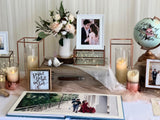 Rose gold travel theme photo display table package