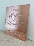 Rose gold mirror welcome signage with customised words